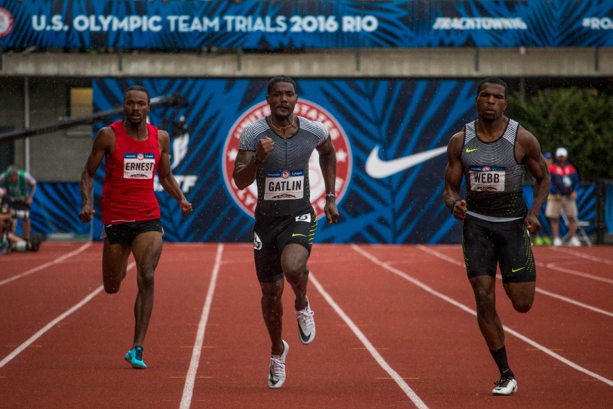 Aaron Ernest, Nike’s Justin Gatlin, and Nike’s Ameer Web race to the finish in the prelims of the men’s 200 meter dash. Day Seven of the U.S. Olympic Trials Track and Field were held Thursday at Hayward Field in Eugene, Ore. and will continue through July 10. Photo by Katie Pietzold