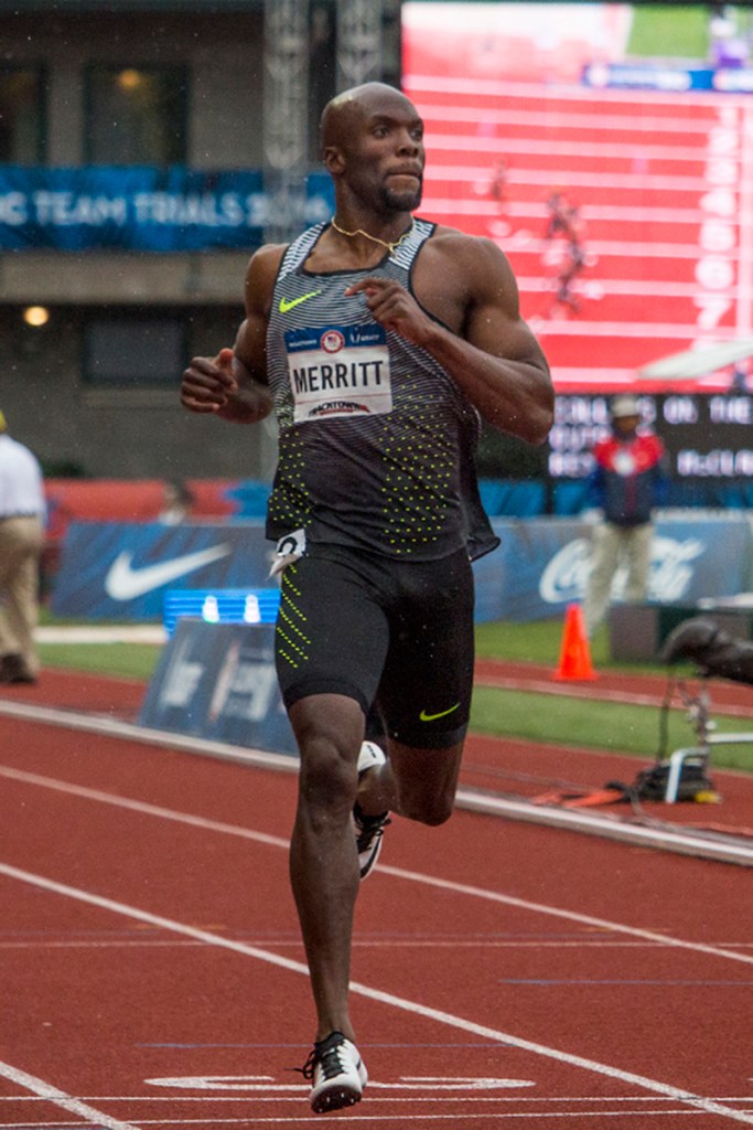Nike’s LaShawn Merritt runs through the finish line of the men’s 200 meter dash prelims. Day Seven of the U.S. Olympic Trials Track and Field were held Thursday at Hayward Field in Eugene, Ore. and will continue through July 10. Photo by Katie Pietzold