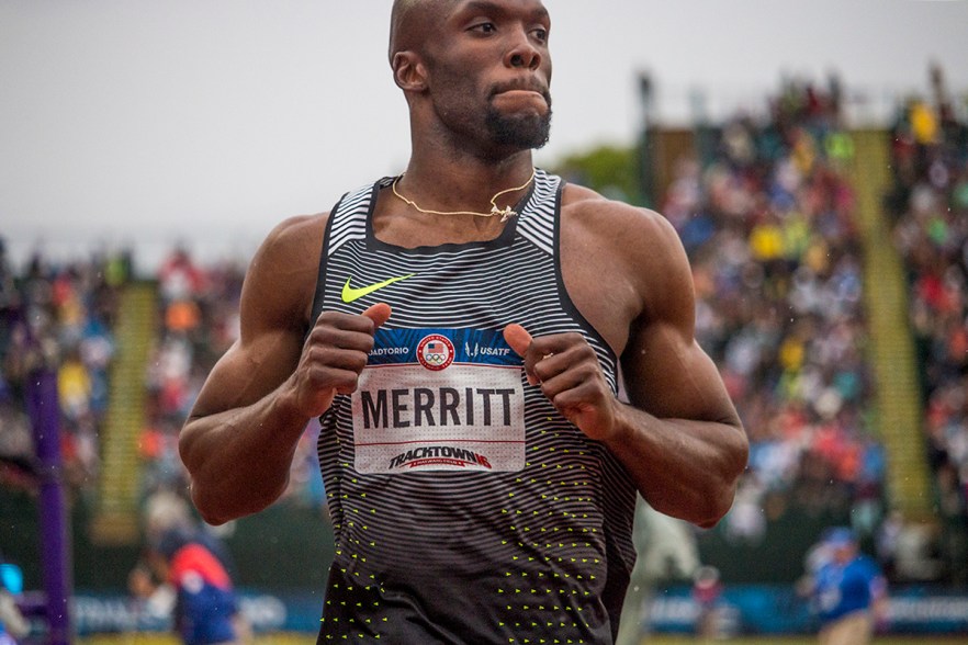 Nike’s LaShawn Merritt runs through the finish line during the men’s 200 meter dash prelims. Day Seven of the U.S. Olympic Trials Track and Field were held Thursday at Hayward Field in Eugene, Ore. and will continue through July 10. Photo by Katie Pietzold