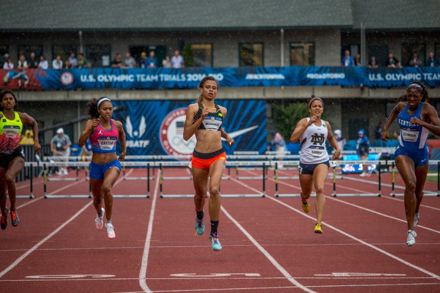 Sydney McLaughlin finishes first as her competitors attempt to catch up to her during the women’s 400 meter hurdle prelims. Day Seven of the U.S. Olympic Trials Track and Field were held Thursday at Hayward Field in Eugene, Ore. and will continue through July 10. Photo by Katie Pietzold