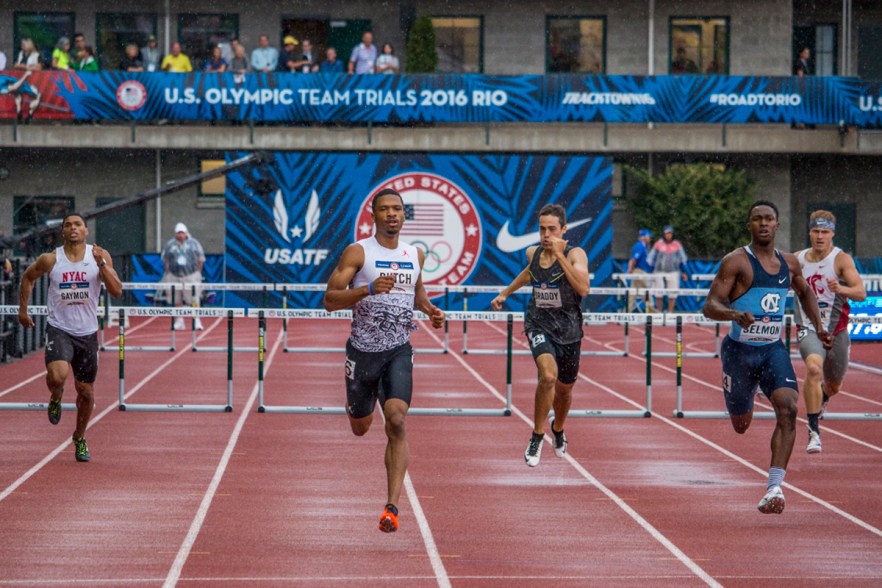 Johnny Dutch races to the finish line as New York A C Justin Gaymon, Neil Braddy, and UNC Kenny Selmon attempt to outkick him. Day Seven of the U.S. Olympic Trials Track and Field were held Thursday at Hayward Field in Eugene, Ore. and will continue through July 10. Photo by Katie Pietzold