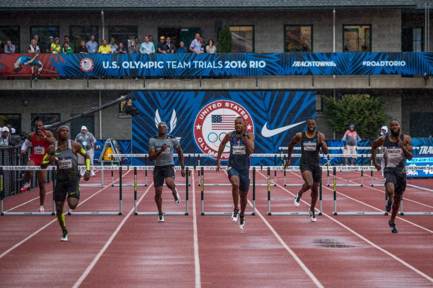 Hurdlers compete during the men’s 400 meter hurdles in the second heat. Day Seven of the U.S. Olympic Trials Track and Field were held Thursday at Hayward Field in Eugene, Ore. and will continue through July 10. Photo by Katie Pietzold