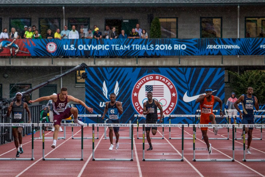 Hurdlers race towards the finish of the men’s 400 meter hurdles in the third heat. Day Seven of the U.S. Olympic Trials Track and Field were held Thursday at Hayward Field in Eugene, Ore. and will continue through July 10. Photo by Katie Pietzold