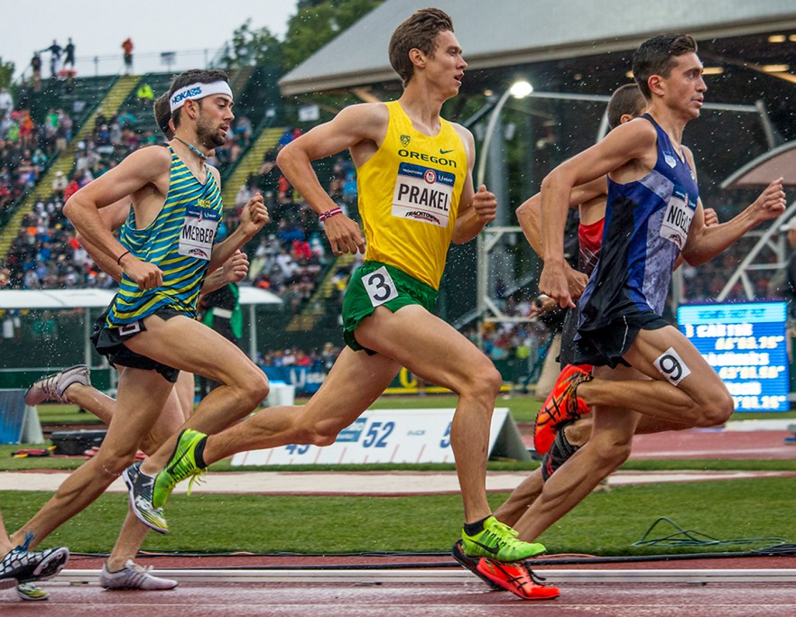 Hoka One One Kyle Merber, Oregon Duck Sam Prakel, and Asics Furman Chad Noelle compete during the prelims of the men’s 1,500 meter run prelims. Day Seven of the U.S. Olympic Trials Track and Field were held Thursday at Hayward Field in Eugene, Ore. and will continue through July 10. Photo by Katie Pietzold