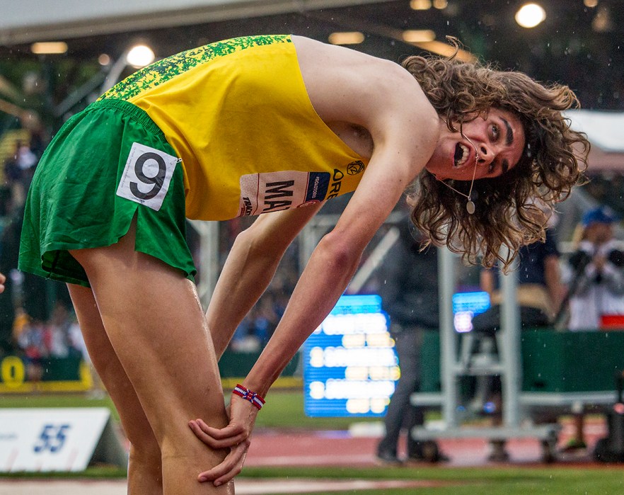 Oregon Duck Matthew Maton looks to the display board for his time after competing in the prelims of the men’s 1,500 meter run. Maton ran a 3:42.51. Day Seven of the U.S. Olympic Trials Track and Field were held Thursday at Hayward Field in Eugene, Ore. and will continue through July 10. Photo by Katie Pietzold