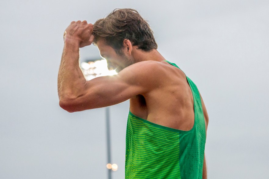 Former Oregon Duck and runner for Nike OTC Andrew Wheating pumps his fist in the air after placing third in his heat of the men’s 1,500 meter run prelims. Day Seven of the U.S. Olympic Trials Track and Field were held Thursday at Hayward Field in Eugene, Ore. and will continue through July 10. Photo by Katie Pietzold