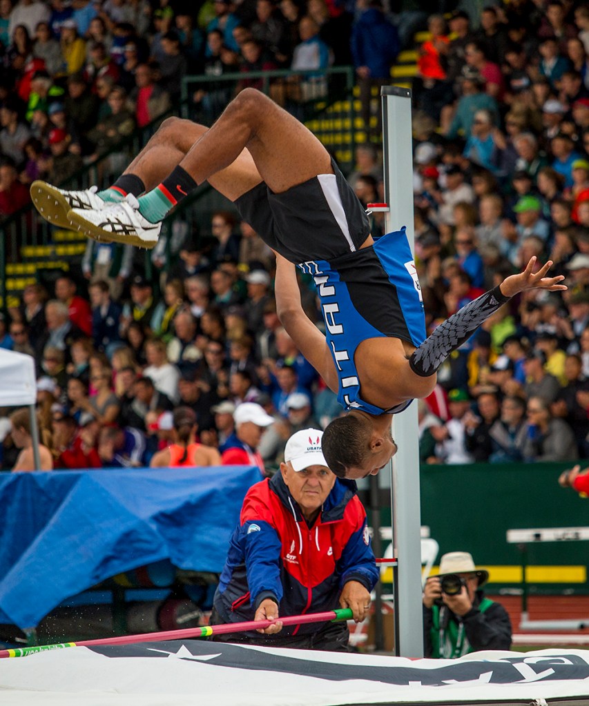 Lane Community College Titan Dakarai Hightower completes a backflip for the crowd after scratching out of the men’s high jump finals. Hightower finished sixth overall. Day Ten of the U.S. Olympic Trials Track and Field concluded on Sunday at Hayward Field in Eugene, Ore. Competition lasted July 1 - July 10. Photo by Katie Pietzold