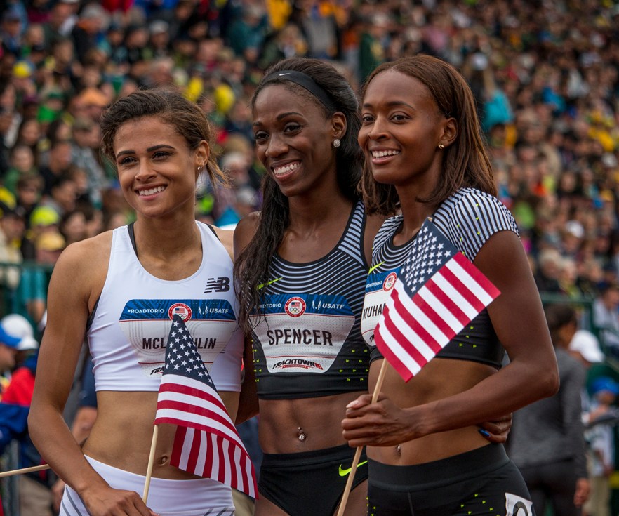 High school athlete Sydney McLaughlin, Nike’s Ashley Spencer, and Nike’s Dalilah Muhammad begin their victory lap around Hayward Field after qualifying for Rio in the women’s 400 meter hurdles. Day Ten of the U.S. Olympic Trials Track and Field concluded on Sunday at Hayward Field in Eugene, Ore. Competition lasted July 1 - July 10. Photo by Katie Pietzold