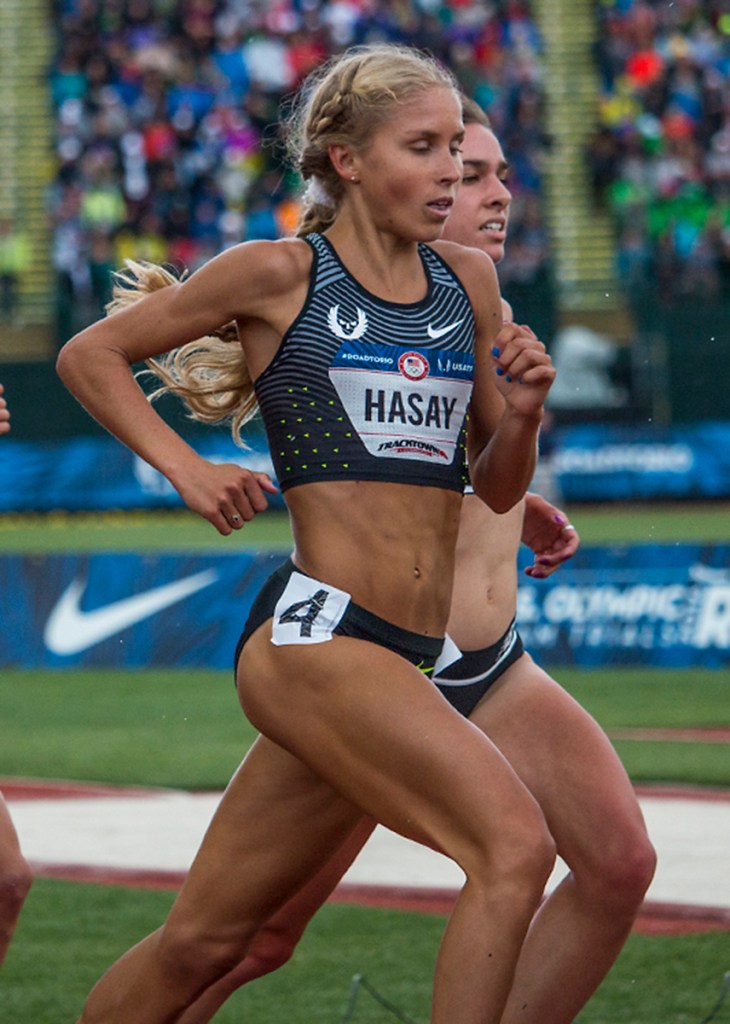 Nike OP Jordan Hasay completes a lap of the women’s 5,000 meter finals. Day Ten of the U.S. Olympic Trials Track and Field concluded on Sunday at Hayward Field in Eugene, Ore. Competition lasted July 1 - July 10. Photo by Katie Pietzold