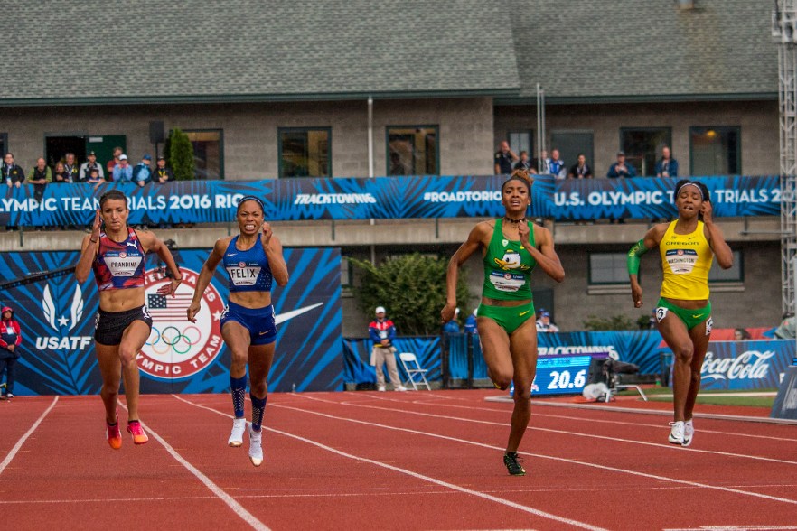 Puma’s Jenna Prandini, Nike’s Allyson Felix, Oregon Duck Deajah Stevens, and Oregon Duck Ariana Washington race to the finish of the women’s 200 meter dash. Day Ten of the U.S. Olympic Trials Track and Field concluded on Sunday at Hayward Field in Eugene, Ore. Competition lasted July 1 - July 10. Photo by Katie Pietzold