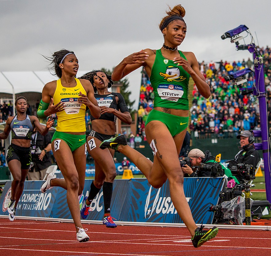 Oregon Duck Deajah Stevens begins to cry as she crosses the finish line of the women’s 200 meter dash finals. Stevens placed second in 22.30 and will compete in Rio. Day Ten of the U.S. Olympic Trials Track and Field concluded on Sunday at Hayward Field in Eugene, Ore. Competition lasted July 1 - July 10. Photo by Katie Pietzold