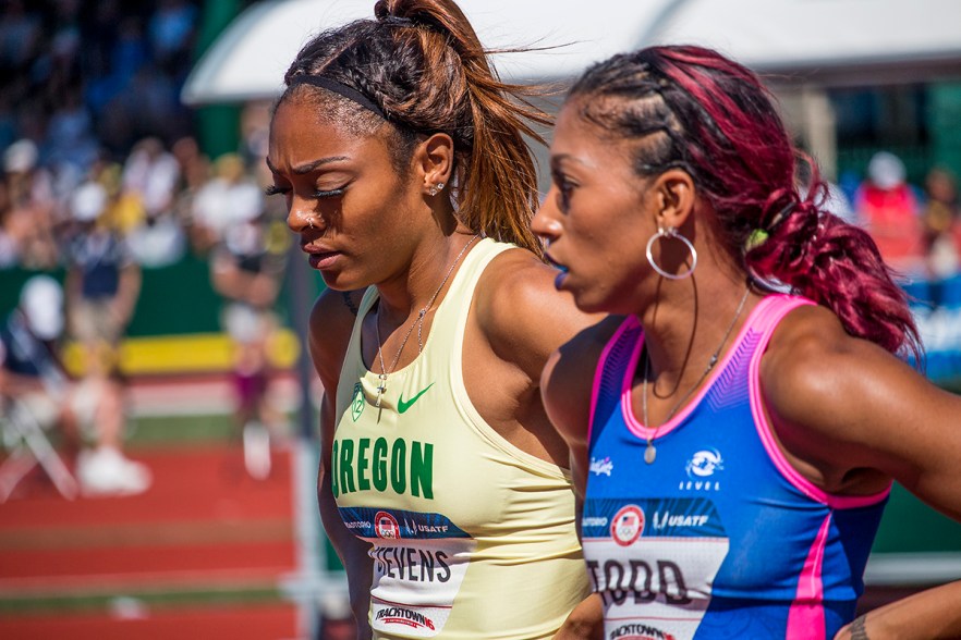 Oregon Duck Deajah Stevens and former Oregon Duck Jasmine Todd catch their breath together after running in the semi-finals of the women’s 100 meter dash. Day Three of the U.S. Olympic Trials Track and Field were held Sunday at Hayward Field in Eugene, Ore. and will continue through July 10. Photo by Katie Pietzold