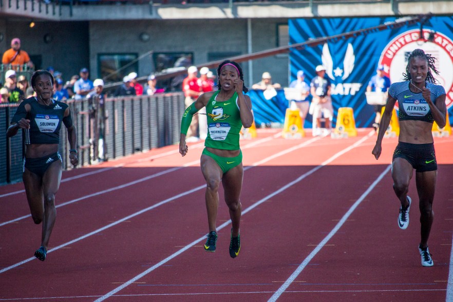Adidas’ Shalonda Solomon, Oregon Duck Ariana Washington, and Nike’s Joanna Atkins sprint to the finish of the women’s 100 meter dash semi-finals. Day Three of the U.S. Olympic Trials Track and Field were held Sunday at Hayward Field in Eugene, Ore. and will continue through July 10. Photo by Katie Pietzold