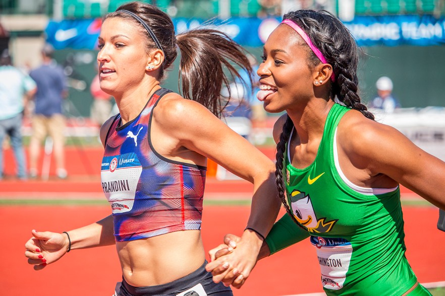 Oregon Ducks Jenna Prandini and Ariana Washington celebrate as they advance to the finals of the women’s 100 meter dash. Day Three of the U.S. Olympic Trials Track and Field were held Sunday at Hayward Field in Eugene, Ore. and will continue through July 10. Photo by Katie Pietzold