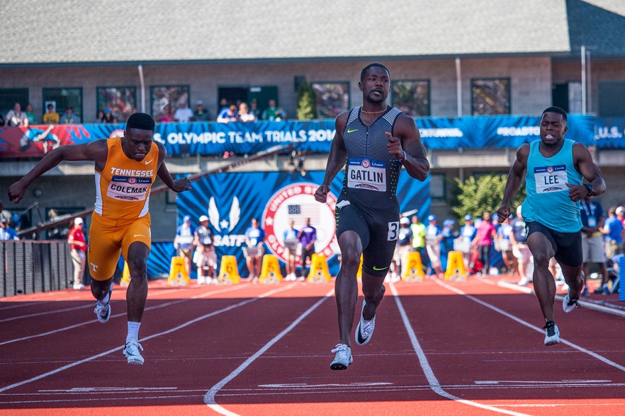 Tennessee Volunteer Christian Coleman, Nike’s Justin Gatlin, and Beejay Lee sprint to the finish in the semi-finals of the men’s 100 meter dash. Day Three of the U.S. Olympic Trials Track and Field were held Sunday at Hayward Field in Eugene, Ore. and will continue through July 10. Photo by Katie Pietzold
