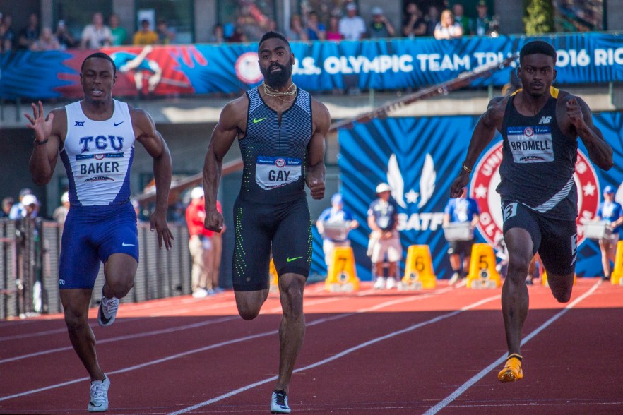 Ronnie Baker, Tyson Gay, and New Balance’s Trayvon Bromell kick it to the finish of the men’s 100 meter dash semi-finals. Day Three of the U.S. Olympic Trials Track and Field were held Sunday at Hayward Field in Eugene, Ore. and will continue through July 10. Photo by Katie Pietzold