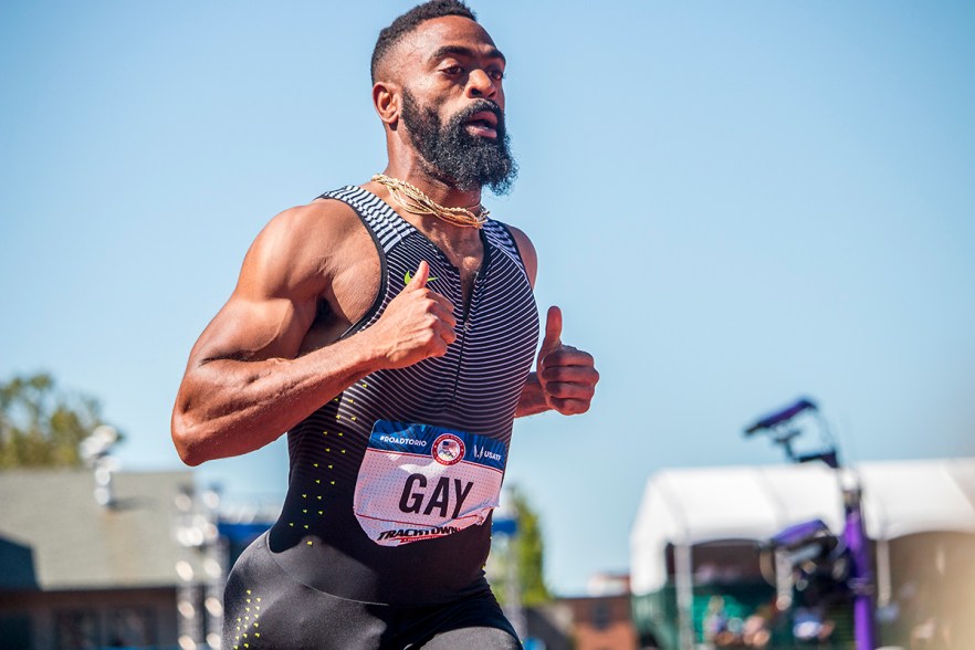 Tyson Gay runs through the finish of the men’s 100 meter dash semi-finals. Day Three of the U.S. Olympic Trials Track and Field were held Sunday at Hayward Field in Eugene, Ore. and will continue through July 10. Photo by Katie Pietzold