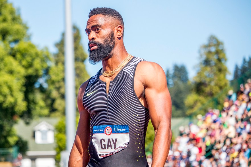 Tyson Gay waits to get into position for the start of the men’s 100 meter dash semi-finals. Day Three of the U.S. Olympic Trials Track and Field were held Sunday at Hayward Field in Eugene, Ore. and will continue through July 10. Photo by Katie Pietzold