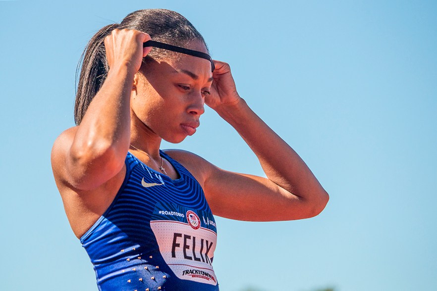 Nike’s Allyson Felix adjusts her headband as she lines up for the 400 meter dash finals. Felix will compete in Rio after placing first in 49.68. Day Three of the U.S. Olympic Trials Track and Field were held Sunday at Hayward Field in Eugene, Ore. and will continue through July 10. Photo by Katie Pietzold