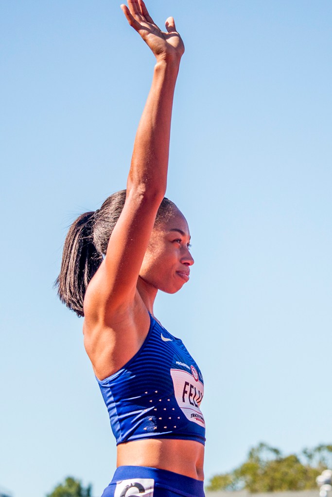 Nike’s Allyson Felix waves to the crowd as she’s announced for the start of the women’s 400 meter finals. Felix will compete in Rio after placing first in 49.68. Day Three of the U.S. Olympic Trials Track and Field were held Sunday at Hayward Field in Eugene, Ore. and will continue through July 10. Photo by Katie Pietzold
