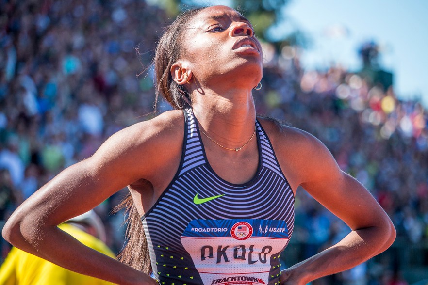Nike’s Courtney Okolo looks to the display board after running in the finals of the women’s 400 meter dash. Okolo placed sixth in 50.39. Day Three of the U.S. Olympic Trials Track and Field were held Sunday at Hayward Field in Eugene, Ore. and will continue through July 10. Photo by Katie Pietzold