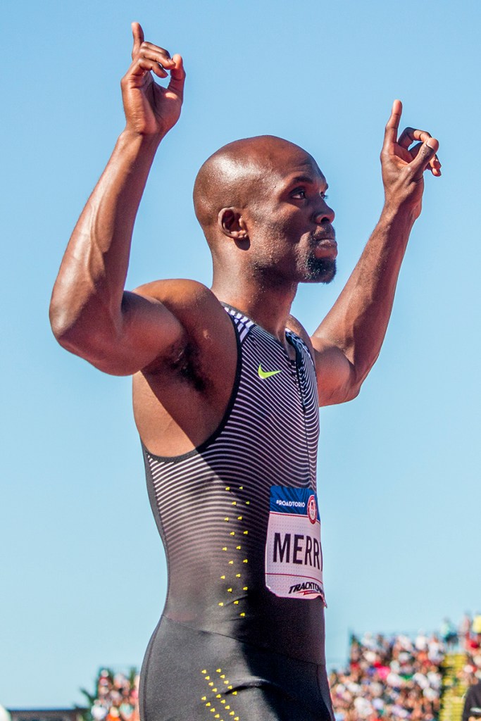 Nike’s LaShawn Merritt acknowledges the crowd as his name is announced prior to the start of the men’s 400 meter finals. Merritt will compete in Rio after placing first in 43.97. Day Three of the U.S. Olympic Trials Track and Field were held Sunday at Hayward Field in Eugene, Ore. and will continue through July 10. Photo by Katie Pietzold