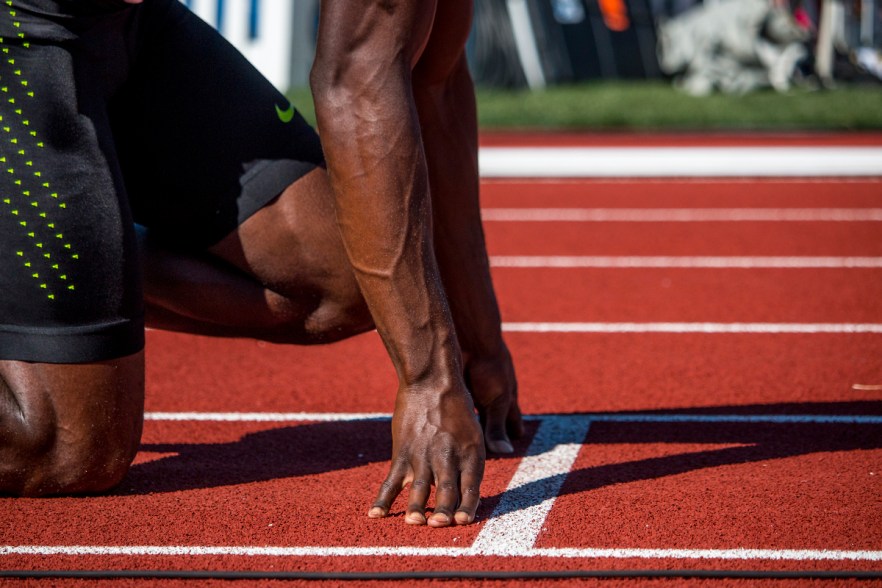 Nike’s LaShawn Merritt lines up for the start of the men’s 400 meter finals. Merritt will compete in Rio after placing first in 43.97. Day Three of the U.S. Olympic Trials Track and Field were held Sunday at Hayward Field in Eugene, Ore. and will continue through July 10. Photo by Katie Pietzold