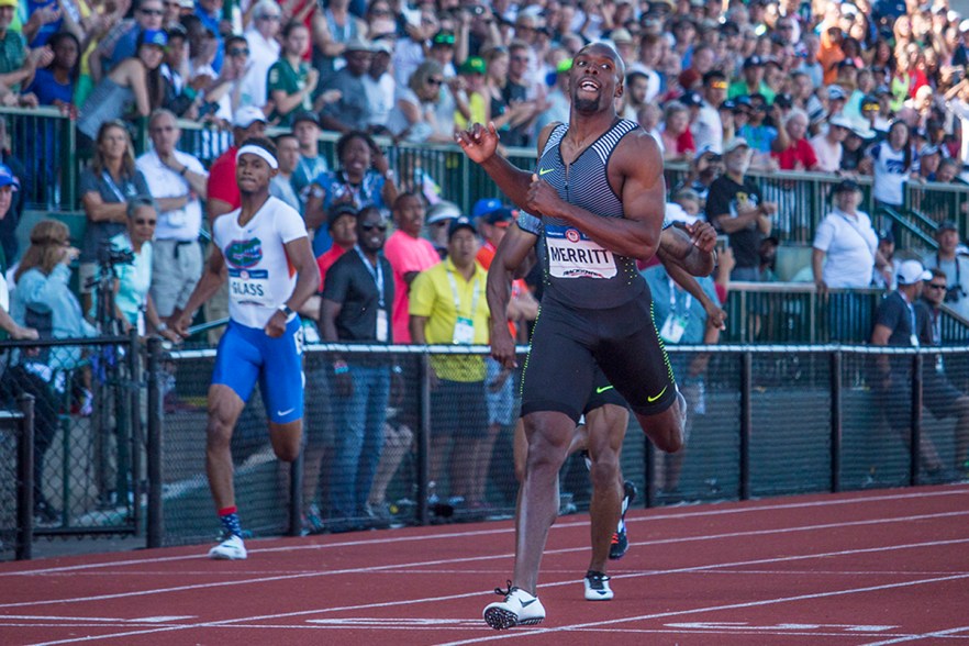 Nike’s LaShawn Merritt crosses the finish line of the men’s 400 meter finals in 43.97. Day Three of the U.S. Olympic Trials Track and Field were held Sunday at Hayward Field in Eugene, Ore. and will continue through July 10. Photo by Katie Pietzold