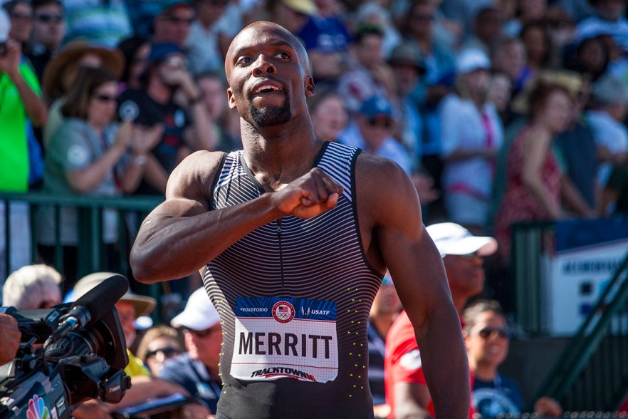 Nike’s LaShawn Merritt celebrates after placing first in the men’s 400 meter finals. Day Three of the U.S. Olympic Trials Track and Field were held Sunday at Hayward Field in Eugene, Ore. and will continue through July 10. Photo by Katie Pietzold