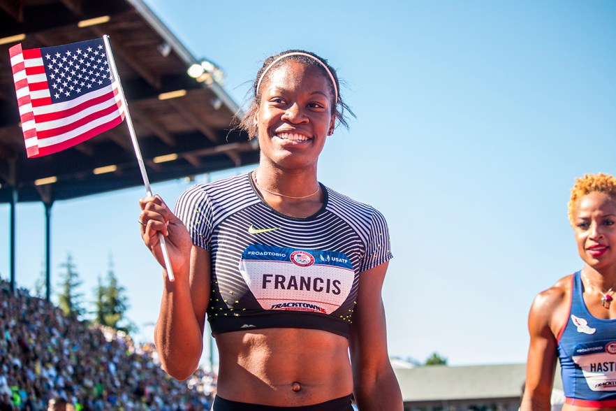 Nike’s Phyllis Francis takes a victory lap around Hayward Field after qualifying for Rio in the women’s 400 meter dash. Francis placed second in 49.94. Day Three of the U.S. Olympic Trials Track and Field were held Sunday at Hayward Field in Eugene, Ore. and will continue through July 10. Photo by Katie Pietzold
