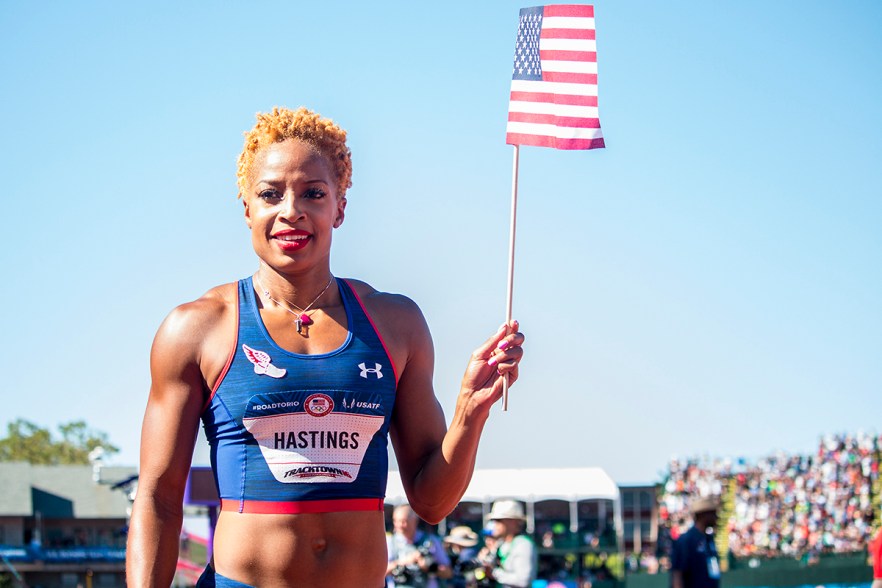 Under Armour’s Natasha Hastings takes a victory lap around Hayward Field after qualifying for Rio in the women’s 400 meter dash. Hastings took third in 50.17. Day Three of the U.S. Olympic Trials Track and Field were held Sunday at Hayward Field in Eugene, Ore. and will continue through July 10. Photo by Katie Pietzold