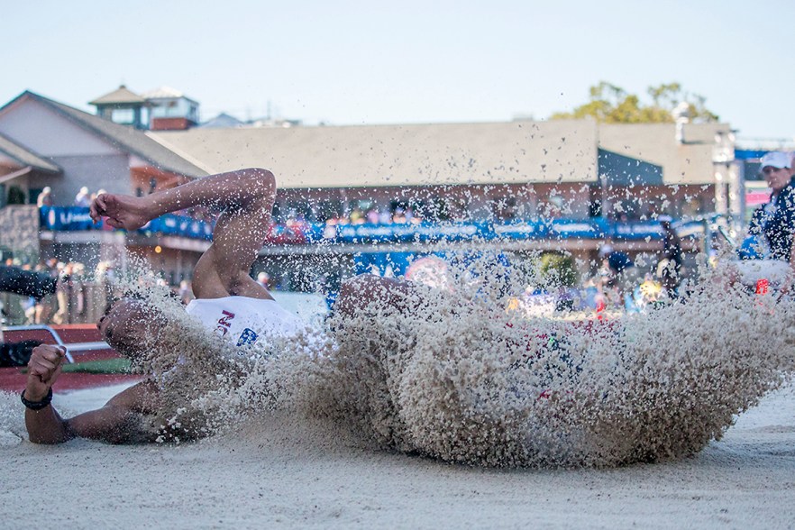 Chadron State’s Damarcus Simpson completes a pass in the men’s long jump finals. Day Three of the U.S. Olympic Trials Track and Field were held Sunday at Hayward Field in Eugene, Ore. and will continue through July 10. Photo by Katie Pietzold