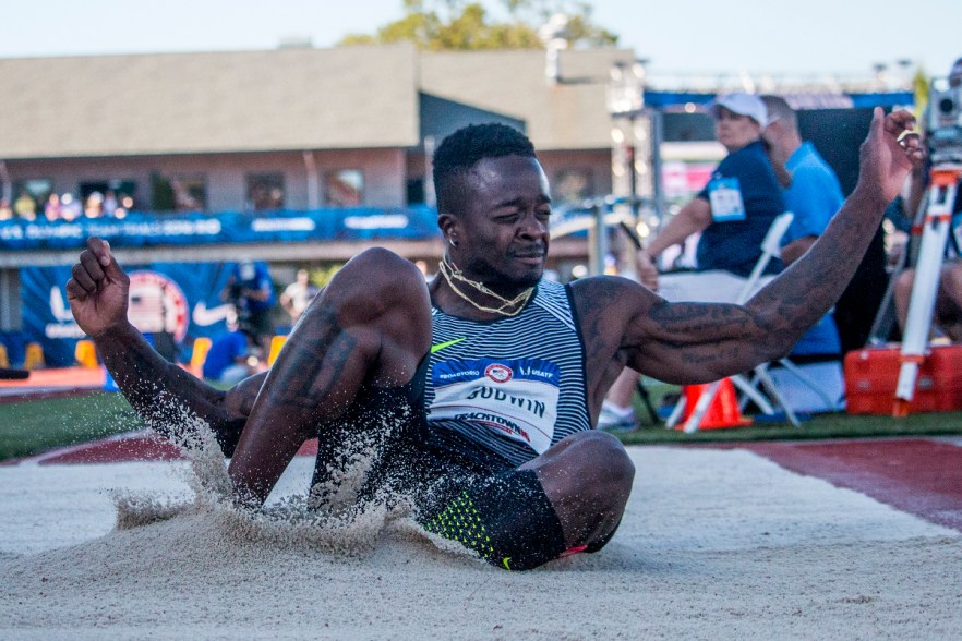 Marquise Goodwin lands an attempt during the men’s long jump finals. Day Three of the U.S. Olympic Trials Track and Field were held Sunday at Hayward Field in Eugene, Ore. and will continue through July 10. Photo by Katie Pietzold