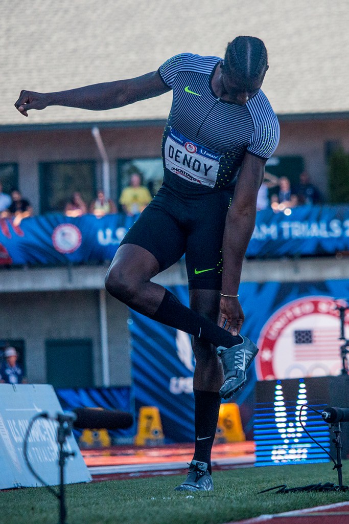 Nike’s Marquis Dendy takes a scratch after hurting his ankle during the men’s long jump finals. Day Three of the U.S. Olympic Trials Track and Field were held Sunday at Hayward Field in Eugene, Ore. and will continue through July 10. Photo by Katie Pietzold