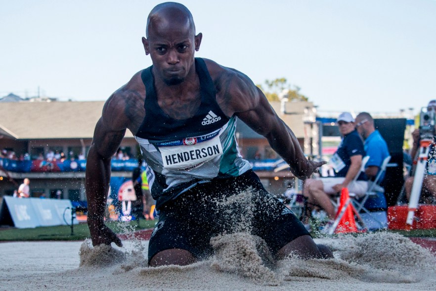 Adidas’ Jeffery Henderson completes a run in the men’s long jump finals. Day Three of the U.S. Olympic Trials Track and Field were held Sunday at Hayward Field in Eugene, Ore. and will continue through July 10. Photo by Katie Pietzold