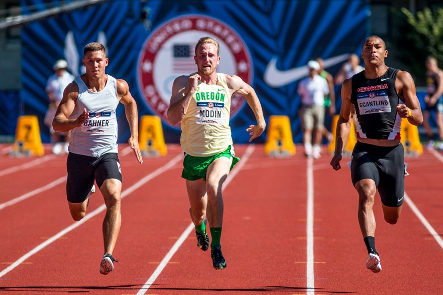 Shocker TC’s Austin Bahner, Oregon Duck Mitch Modin, and Georgia Bulldog Garrett Scantling race to the finish of the decathlon 100 meter dash. Day Two of the U.S. Olympic Trials Track and Field were held Saturday at Hayward Field in Eugene, Oregon and will continue through July 10. Photo by Katie Pietzold