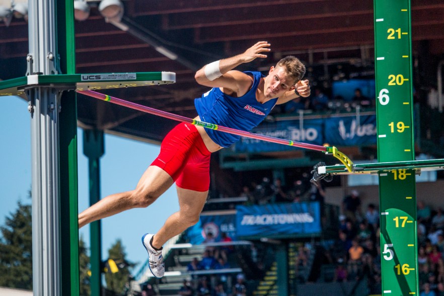Samford ’s Tray Oates completes a pass in the men’s pole vault. Day Two of the U.S. Olympic Trials Track and Field were held Saturday at Hayward Field in Eugene, Ore. and will continue through July 10. Photo by Katie Pietzold