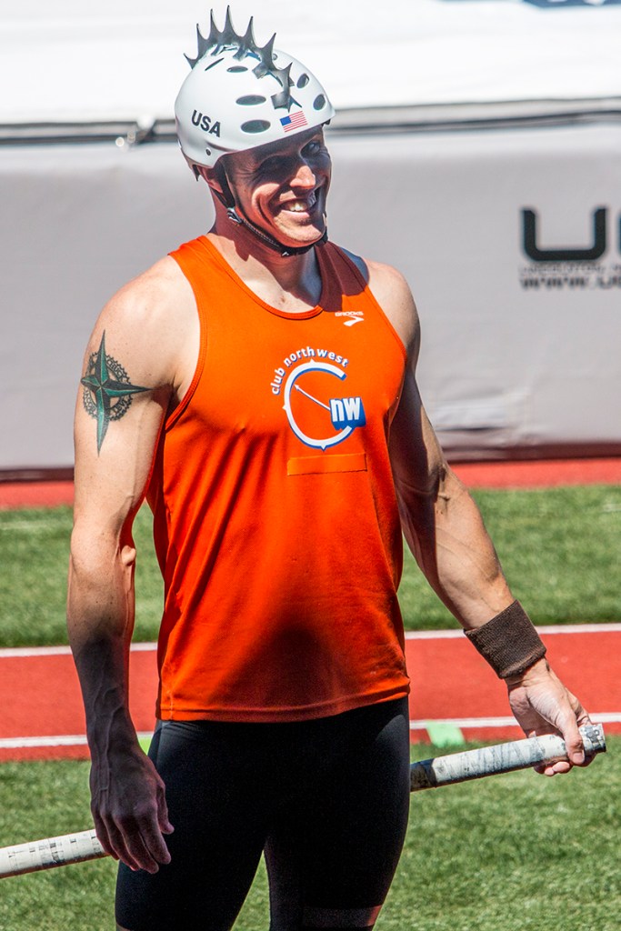 Club Northwest’s Levi Keller receives advice from his coach after a pole vaulting attempt. Day Two of the U.S. Olympic Trials Track and Field were held Saturday at Hayward Field in Eugene, Ore. and will continue through July 10. Photo by Katie Pietzold