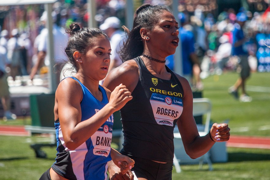 Duke’s Anima Banks and Oregon Duck Raevyn Rogers compete in the semisof the women’s 800m run. Day Two of the U.S. Olympic Trials Track and Field were held Saturday at Hayward Field in Eugene, Ore. and will continue through July 10. Photo by Katie Pietzold