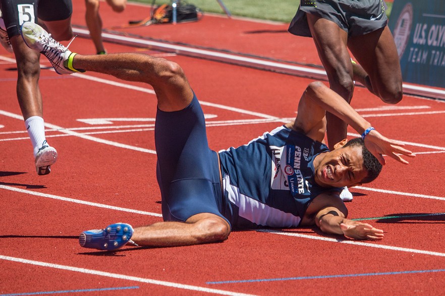 Penn. State’s Isaiah Harris falls during the men’s semis of the 800 meter run. Day Two of the U.S. Olympic Trials Track and Field were held Saturday at Hayward Field in Eugene, Ore. and will continue through July 10. Photo by Katie Pietzold