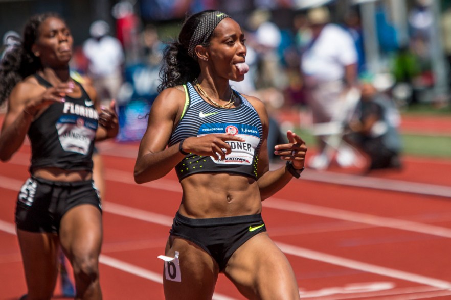 Former Oregon Duck and current runner for Nike, English Gardner, celebrates as she crosses the finish line of the women’s 100 meter dash in the first heat. Garnder finished in 10.90. Day Two of the U.S. Olympic Trials Track and Field were held Saturday at Hayward Field in Eugene, Ore. and will continue through July 10. Photo by Katie Pietzold