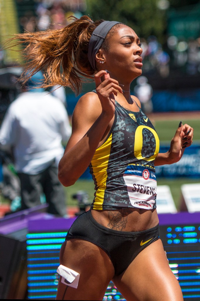Oregon Duck Deajah Stevens finishes second in the second heat of the women’s 100 meter dash semis. Day Two of the U.S. Olympic Trials Track and Field were held Saturday at Hayward Field in Eugene, Ore. and will continue through July 10. Photo by Katie Pietzold