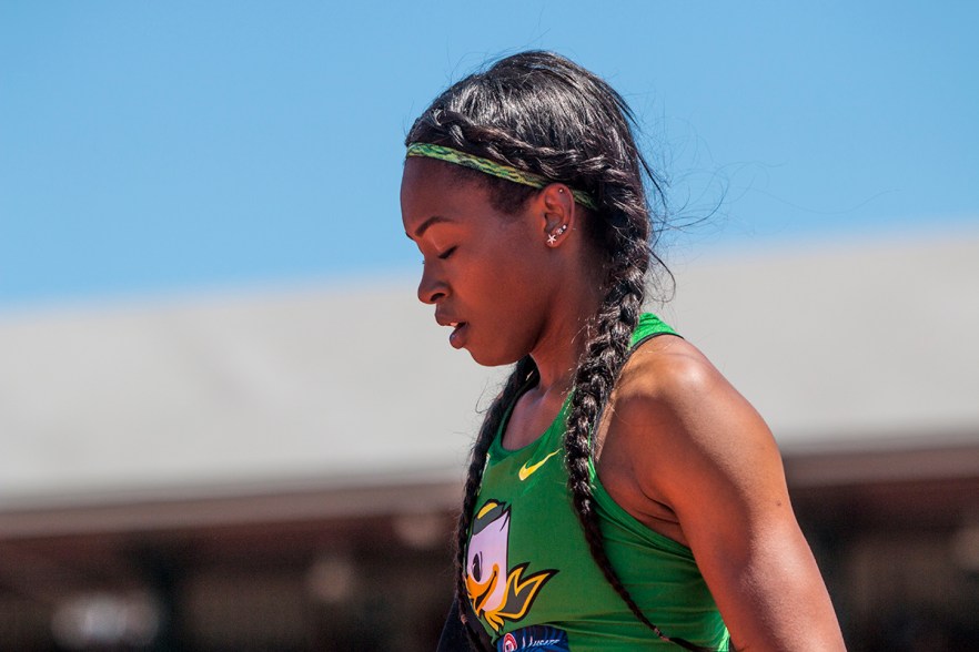 Oregon Duck Ariana Washington catches her breath after racing to the finish in the semis of the women’s 100 meter dash. Washington placed second in her heat with a time of 11.01 and will advance to the finals on Sunday. Day Two of the U.S. Olympic Trials Track and Field were held Saturday at Hayward Field in Eugene, Ore. and will continue through July 10. Photo by Katie Pietzold
