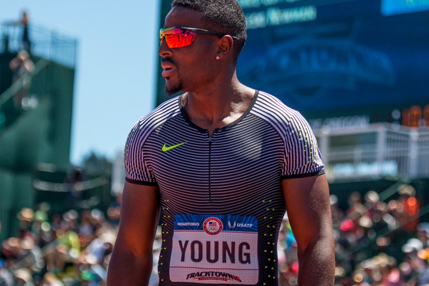Nike’s Isiah Young waits for his time to be announced after running the in the prelims of the men’s 100 meter dash. Young false started and ran the race under protest, therefore his status to compete in the men’s semis is to be determined. Day Two of the U.S. Olympic Trials Track and Field were held Saturday at Hayward Field in Eugene, Ore. and will continue through July 10. Photo by Katie Pietzold