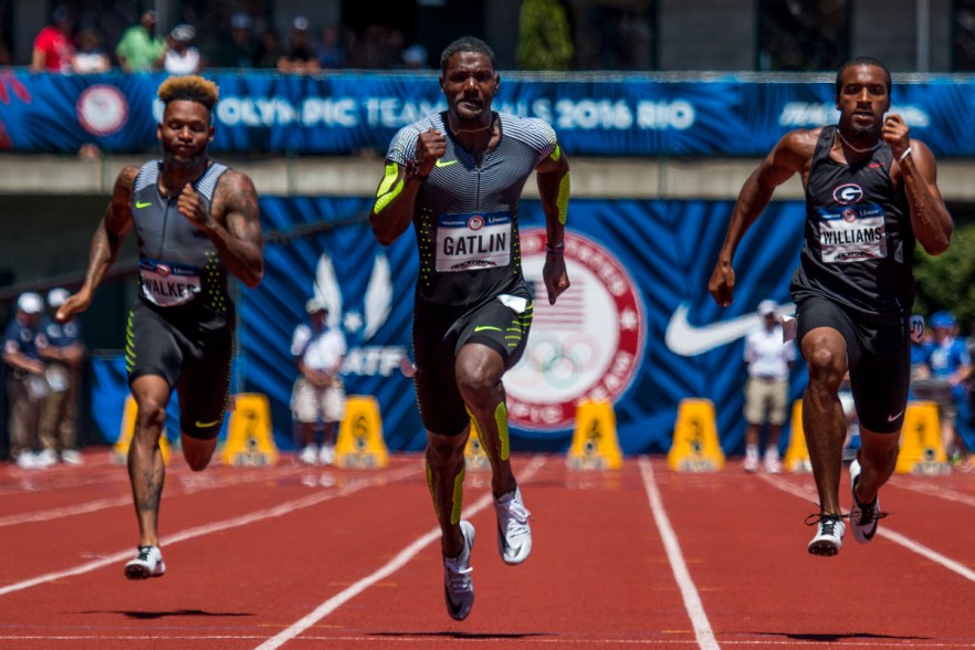 Nike’s Justin Walker, Nike’s Justin Gatlin, and Georgia Bulldog Kendal Williams compete in the prelims of the men’s 100 meter dash. Day Two of the U.S. Olympic Trials Track and Field were held Saturday at Hayward Field in Eugene, Ore. and will continue through July 10. Photo by Katie Pietzold