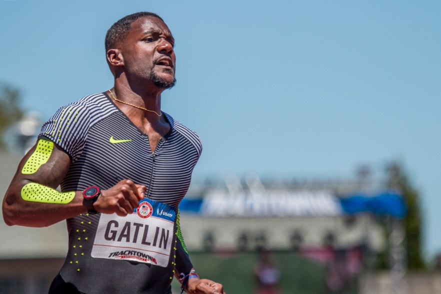 Nike’s Justin Gatlin competes in the prelims of the men’s 100 meter dash. Gatlin won a bronze medal in the event at the London 2012 Olympics and a gold medal in the Athens 2004 Olympics. Day Two of the U.S. Olympic Trials Track and Field were held Saturday at Hayward Field in Eugene, Ore. and will continue through July 10. Photo by Katie Pietzold
