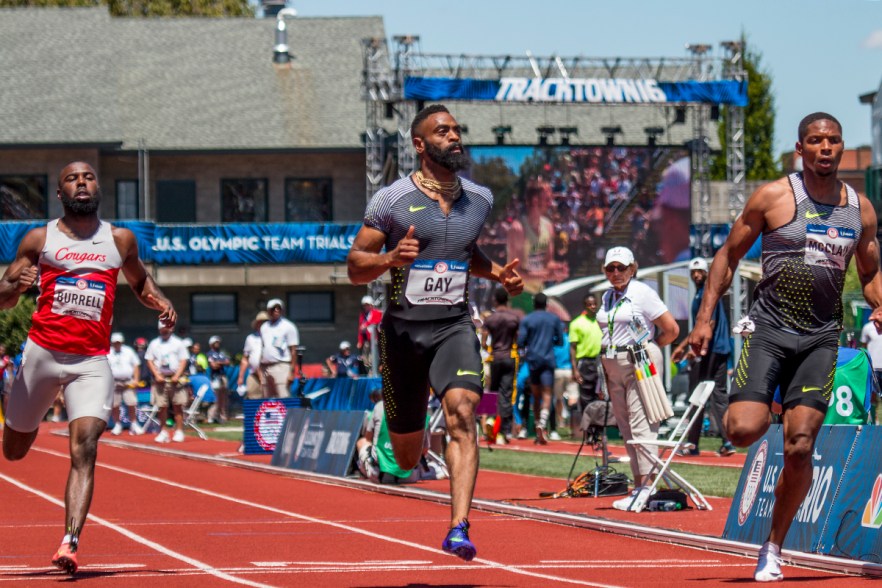 Houston Cougars Cameron Burrell, Tyson Gay, and Nike’s Remontay McClain compete in the prelims of the men’s 100 meter dash. Day Two of the U.S. Olympic Trials Track and Field were held Saturday at Hayward Field in Eugene, Ore. and will continue through July 10. Photo by Katie Pietzold