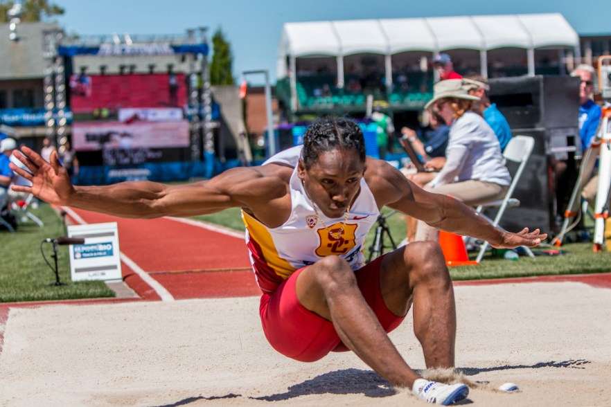 USC Trojan Adoree’ Jackson competes in the prelims of the men’s long jump. Day Two of the U.S. Olympic Trials Track and Field were held Saturday at Hayward Field in Eugene, Ore. and will continue through July 10. Photo by Katie Pietzold